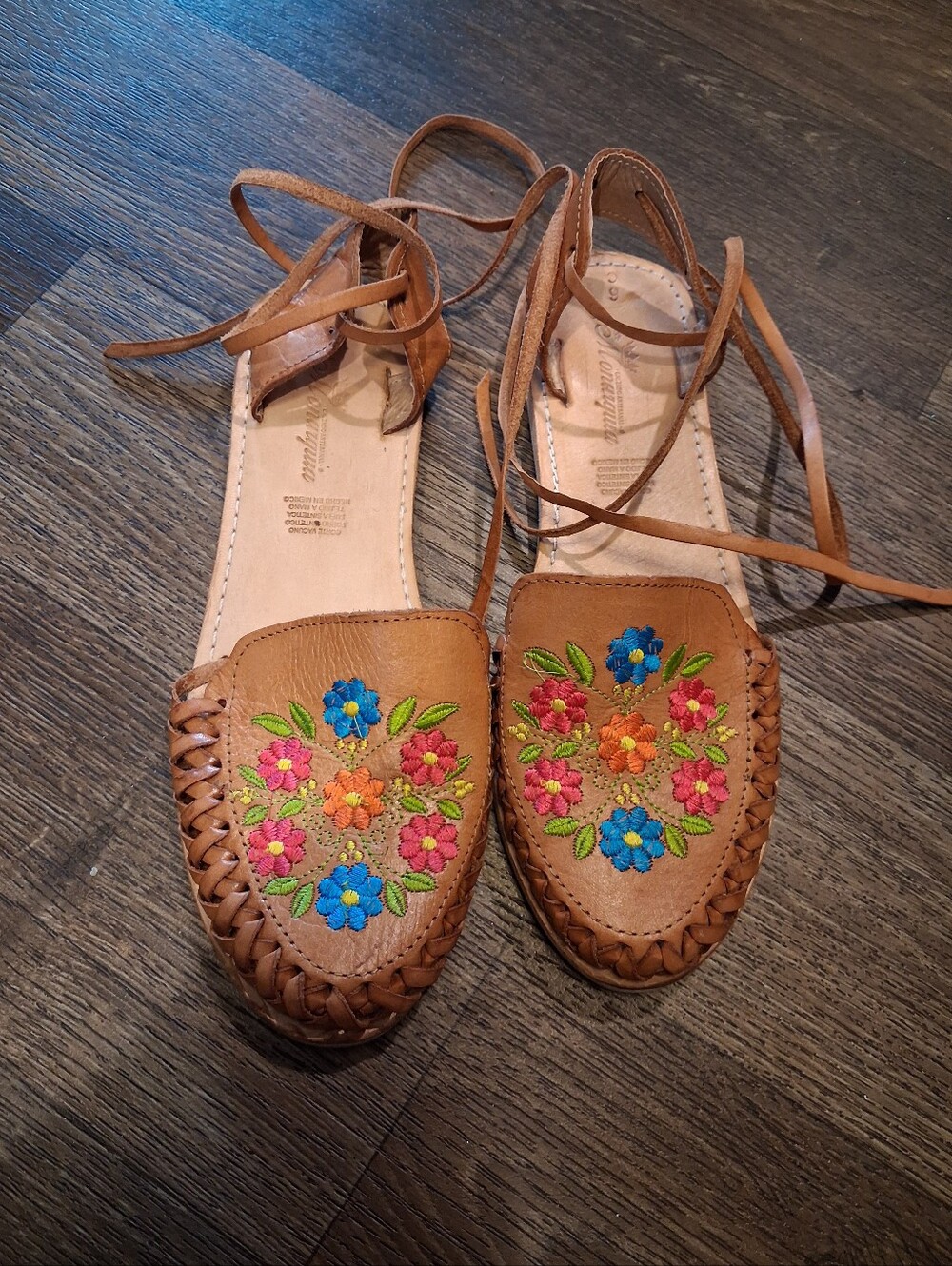 Mexican Tan Embroidered Leather Moccasin Sandals with Ankle Ties